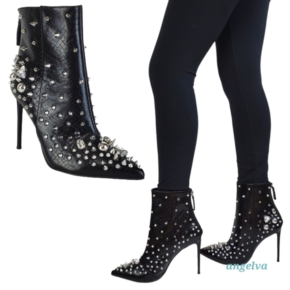 New Steve madden viceroy studded gems pointed toe stiletto heel boots black - Picture 2 of 16